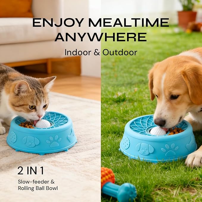 Slow Feeder Dog Bowl with Rolling Ball, No Spill Silicone Pet Lick Bowl for Dogs and Cats, Anti Slip Suction Base, Interactive Pet Feeder for Slower Eating and Cleaner Mealtime (White)