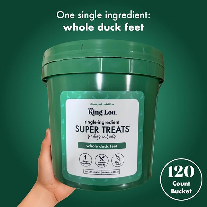 King Lou Pets Whole Duck Feet for Dogs, Single-Ingredient, Dehydrated Duck Feet Dog Treats, Human-Grade, Crunchy Dental Chews for Canine Hip & Joint Support, 120 Count