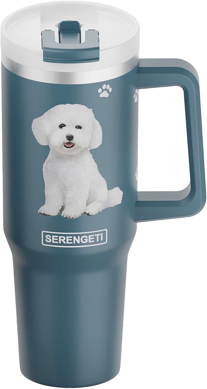 SERENGETI 40 Oz Ultimate Tumbler with Handle and Straw - Vacuum Insulated Tumbler with Straw and Lid - Stainless Steel Travel Mug for Pet Lovers - 3D Designs of your favorite Dog (Bichon Frise)
