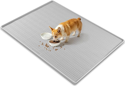 47" x 35" Silicone Dog Food Mat, Waterproof Pet Feeding Mat with Raised Edge, Extra Large Dog Bowl Mat Non-Slip Water Bowl Placemats for Dogs, Protects Floors, Easy to Clean (Light Gray)