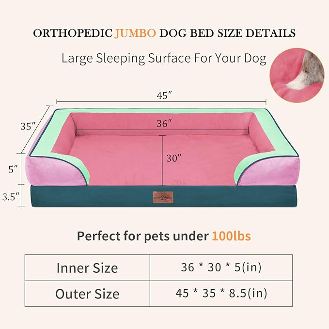 Comfort Expression Orthopedic Dog Bed for Extra Large Dogs 45x35 Inch, Waterproof Egg Crate Foam XL Pet Bed with Bolsters, Dog Couch with Washable Cover & Non-Slip Bottom, Mint-Berry Dream