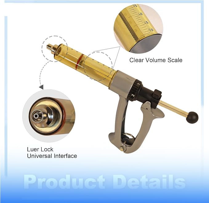 50ml semi-automatic livestock injector, 5-level adjustable continuous repeating Luer lock livestock injector, ergonomic design, suitable for cattle, horses, goats, sheep, and pigs on farms and ranches.