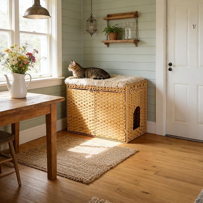 SZEE Cat Litter Box Enclosure Furniture, Hidden Litter Box with Mat, Handwoven Rattan Cat Houses for Indoor/Outdoor Cats, Large Litter Box Enclosure with 12” Edge for Living Room/Bedroom/Washroom