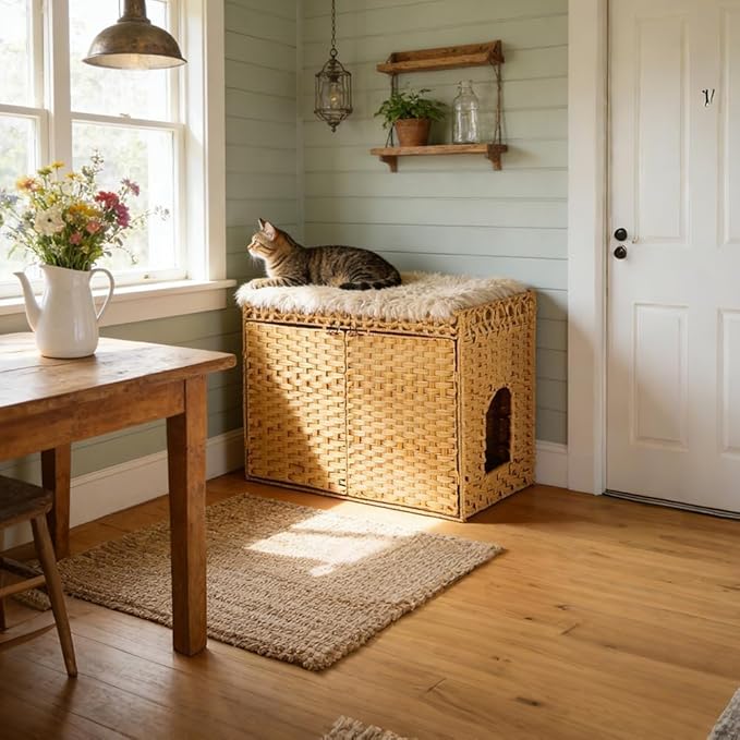 SZEE Cat Litter Box Enclosure Furniture, Hidden Litter Box with Mat, Handwoven Rattan Cat Houses for Indoor/Outdoor Cats, Large Litter Box Enclosure with 12” Edge for Living Room/Bedroom/Washroom