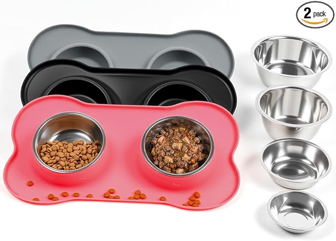 Conlun Dog Bowls with Silicone Feeding Mat,No Spill Food Water Dish Set,Dishwasher Safe,2 Stainless Steel Puppy Bowls with Dogs Bandanas,Suitable for Tiny Pets Under 8lbs,Extra Small,Pink
