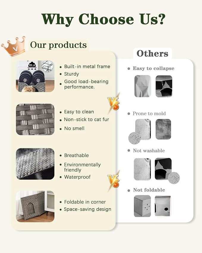 SETVSON Cat Beds Indoor Kitten House, Handwoven Rattan Cat Cave Pet Cube, One Bed Mat, Foldable, Hideaway, 16.5x16.5x13.2 Inches, 2 S-Shaped Hooks in Living Room Bedroom Gray