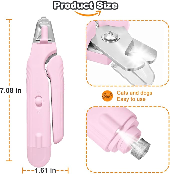 2-in-1 Dog Nail Grinder & Dog Nail Clippers Trimmers for Large Medium Small Dogs Cats Pets Claw Trimmer with LED Lights (Pink)