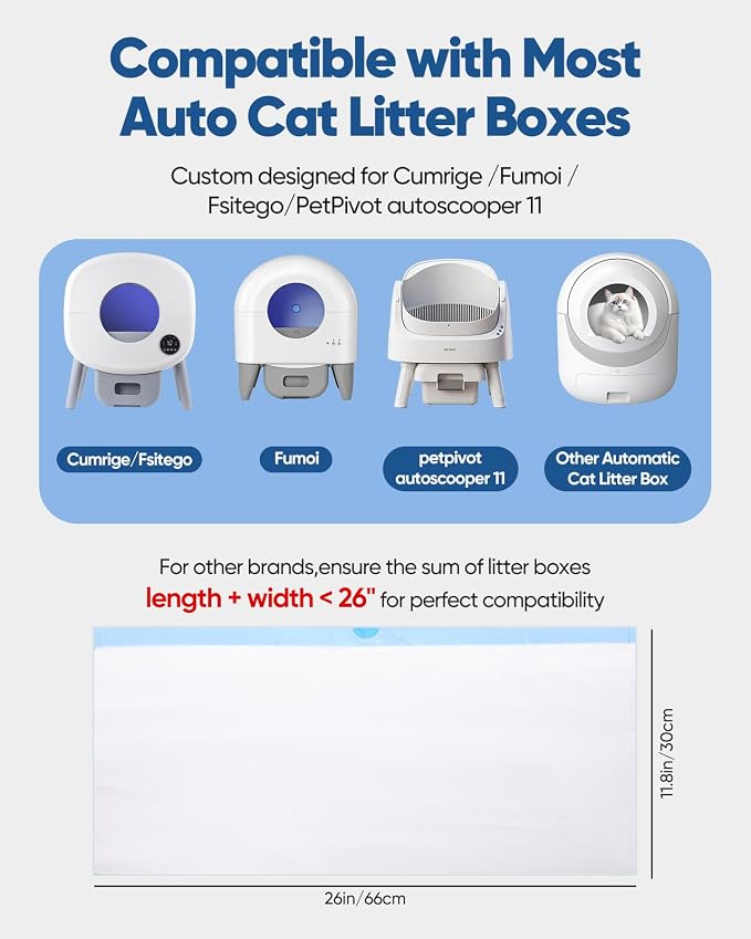 50 Count 26"x11.8" Self-Cleaning Cat Litter Box Bags for Cumrige Fumoi Fsitego Paruuntys Litter box, Pre-Seperated Automatic Litter Box Replacement Drawstring Heavy Duty，10-12 Gallons of Capacity