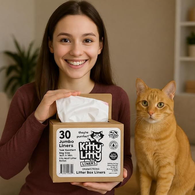 Cat Litter Box Liners 30 Count Drawstring Kitten Waste Bag | leak proof, heavy duty, scratch resistant, litter tray liner, kitty clean up, rabbit litter liner, extra large size