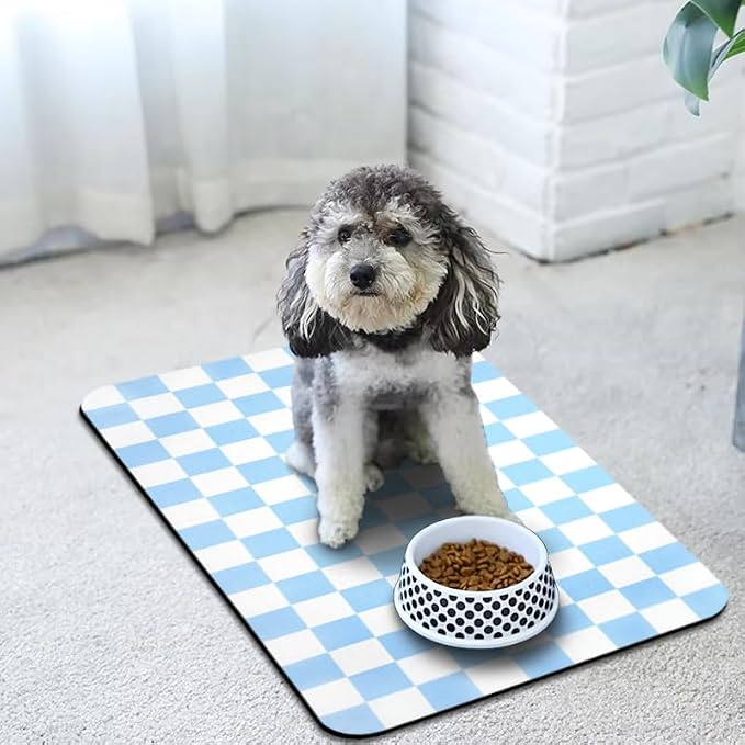 Dog Food Mats for Floors Waterproof, Pet Water Bowl Mats Pet Feeding Absorbent Placemats Plaid 24 * 32 inch