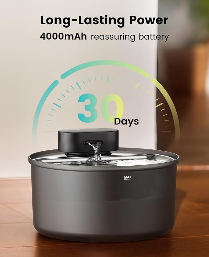 108oz/3.2L Wireless Cat Water Fountain, Dual Water Pumps (1 for Daily Use, 1 as Backup), Replaceable Rechargeable Battery Module