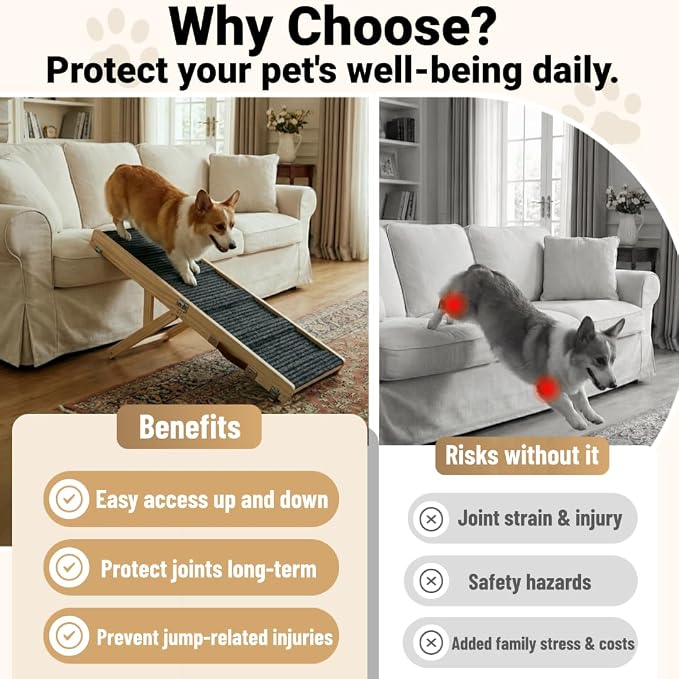 Dog Ramp for Couch & Bed for Dogs, Foldable Small to Large Dog Ramps for Sofa - 39.4" LX15.7 W, 5 Adjustable Height, Portable, Wider and More Stable, Non-Slip, Carry Handle, Walnut