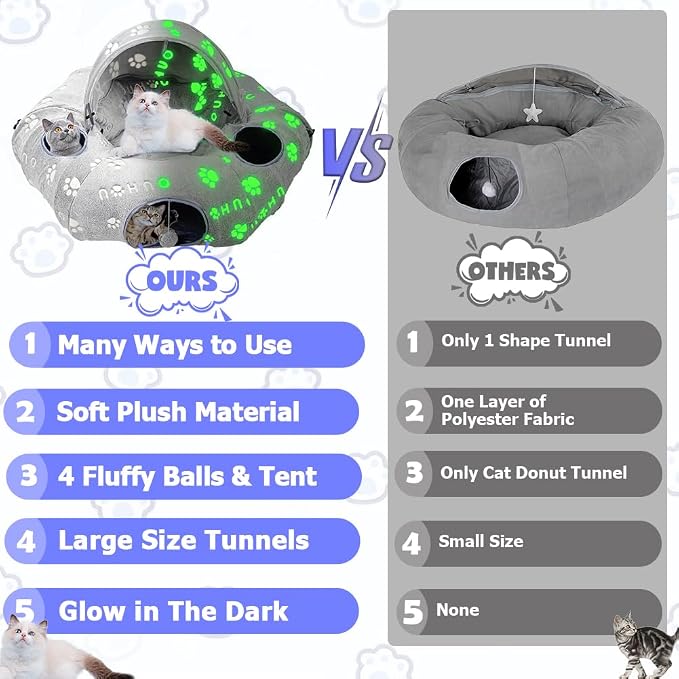 Cat Tunnel Bed, Cat Tunnels for Indoor Cats, Cat Donut Tunnel Toy with Washable Circle Cushion, Straight Shaped Tunnel, 4 Fluffy Balls, Blackout Tent, Self-Luminous Cat Toys（Grey）