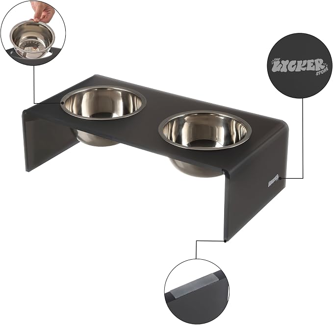 DBL2000J Keaton 5" Small/Medium Modern Acrylic Rectangular Elevated Pet Feeder with 20oz 2-Stainless Steel Bowls, Dark Gray/Chrome