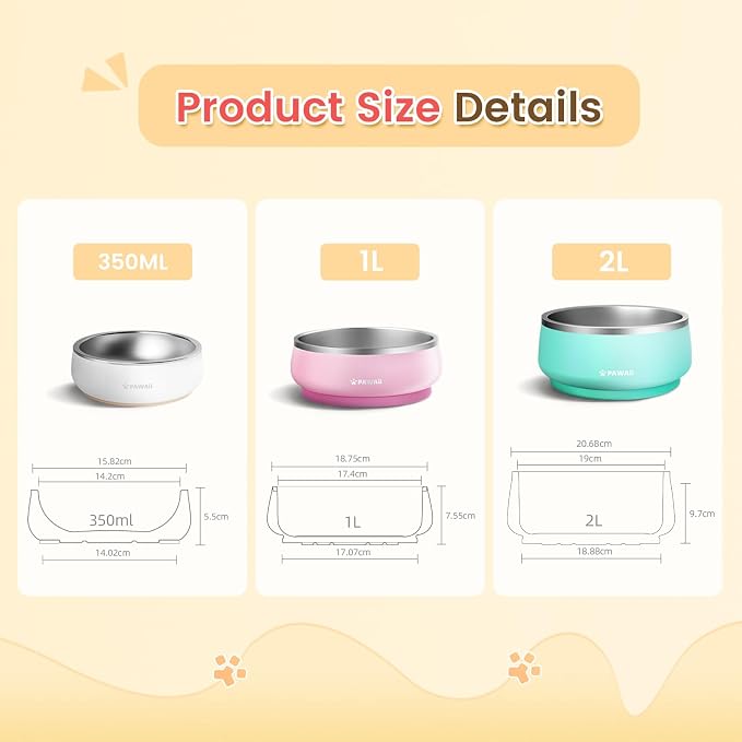 Pawaii Small Dog Bowls, 12 oz. Food Water Bowl Designed for Puppies and Cats with Non-Slip Rubber Base, Upgraded Metal Insulated, Double Stainless Steel Bowls