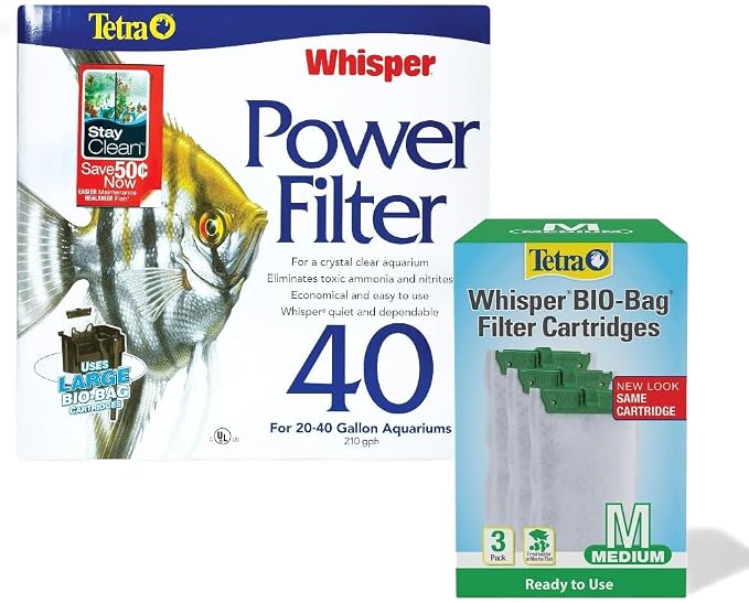 Tetra Whisper Bundle | Whisper 40 Power Filter & 3pk Medium Bio Bag Filter Cartridges