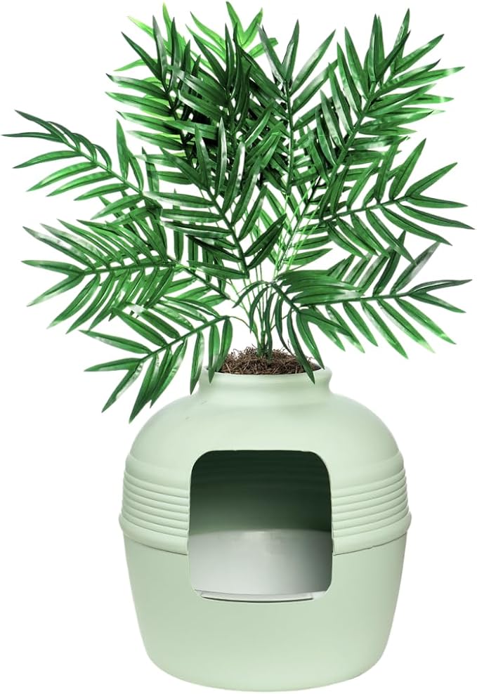 Good Pet Stuff Original Hidden Litter Box Planter, Decorative Cat Litter Enclosure, Carbon Filter, Faux Plant, Easy to Clean, Round Design, Removable Tray, Essentials Kit, Palm Plant, Mint Green