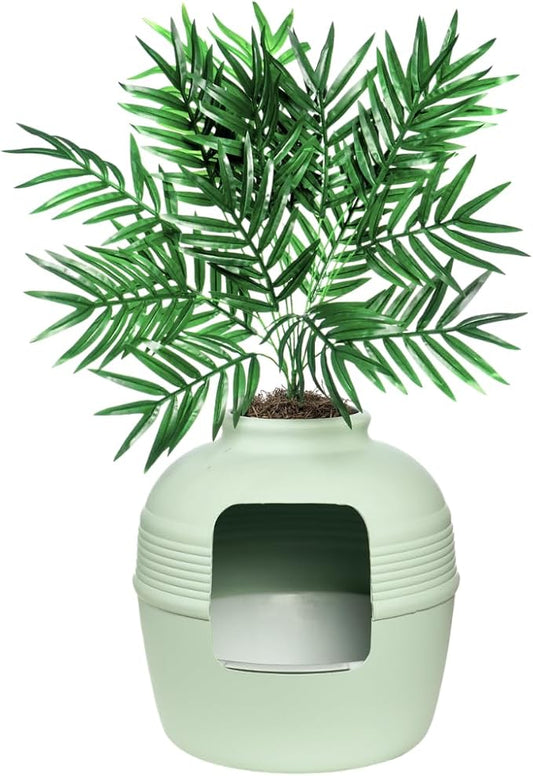 Good Pet Stuff Original Hidden Litter Box Planter, Decorative Cat Litter Enclosure, Carbon Filter, Faux Plant, Easy to Clean, Round Design, Removable Tray, Essentials Kit, Palm Plant, Mint Green