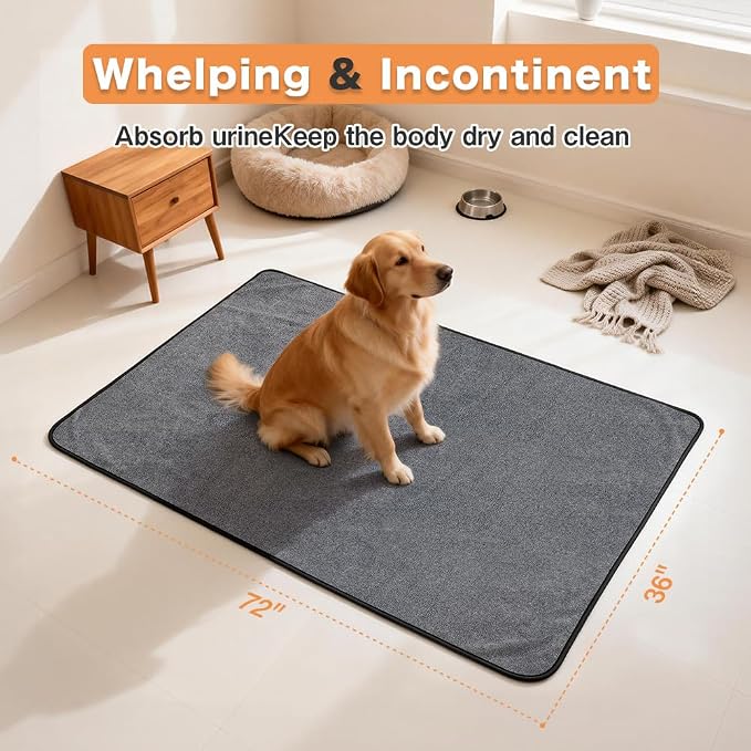 Washable Pee Pads for Dogs, Extra Large Reusable Dog Pee Pad, Waterproof Pet Mat, Dog Playpen Mats for Puppy Training Whelping Playpen Pads, Grey, 72x36 inch