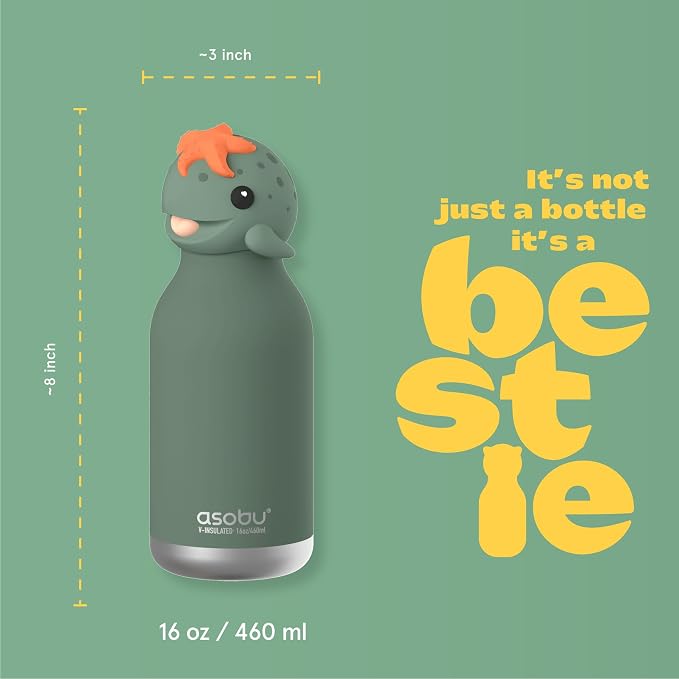 Asobu Bestie Bottle Limited Edition Collectible Kids Water Bottle with Animal Character Lid 16oz (460ml) Insulated Stainless Steel, Leakproof, Reusable with Straw Fun Gift for Girls & Boys