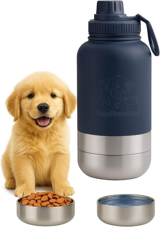 PuppiLovePets PuppiTravelBowl 3-in-1 Dog Travel Water Bottle – 32oz Insulated Aluminum Container with 2 Detachable Cups, Leak-Proof & BPA-Free Portable Feeder for Hiking and - Navy Blue