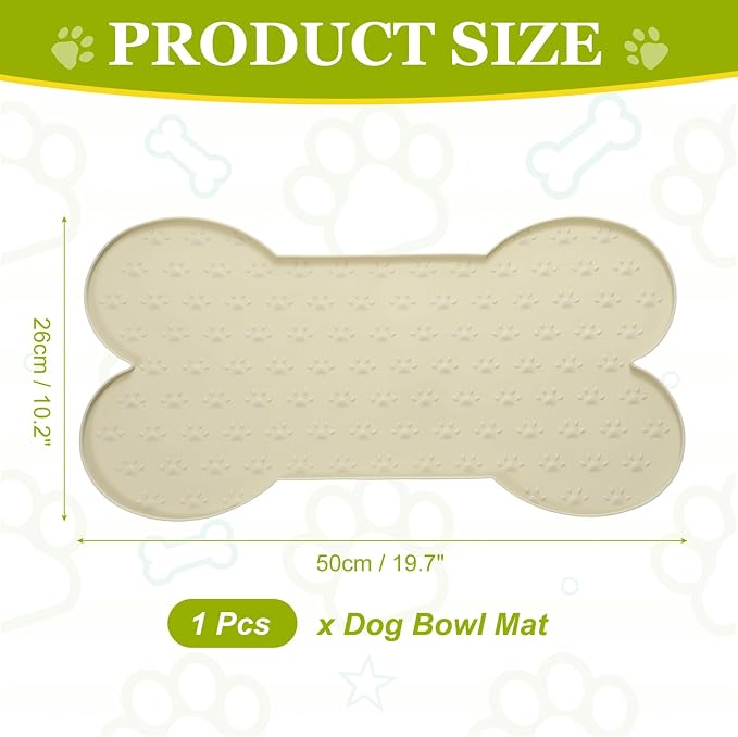 Dog Food Mat, 20x10 Inch Silicone Pet Feeding Mat Non-Slip Bone Shaped Waterproof Dog Water Bowl Tray Raised Edge Protects Floors (Apricot), Intended for Pets Bowl/Fountain