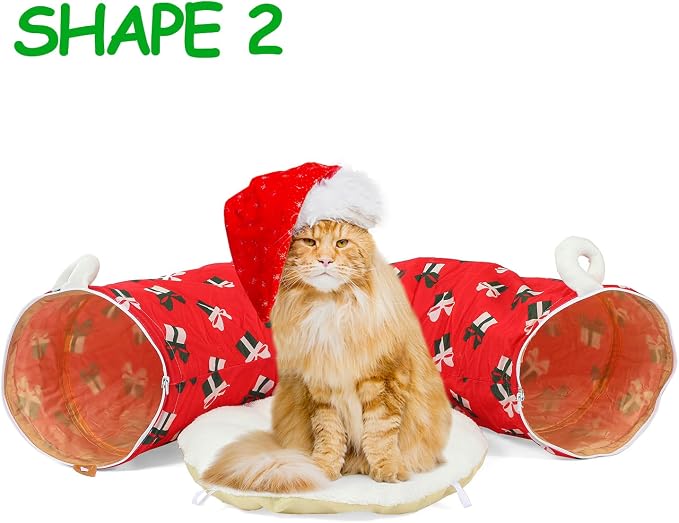 Cat Tunnel Bed Under Christmas Tree 3FT x 3FT x 9.8IN - Decorative Christmas Style with Box Patterns - Red Color Perfect for Festive Felines Small Animals