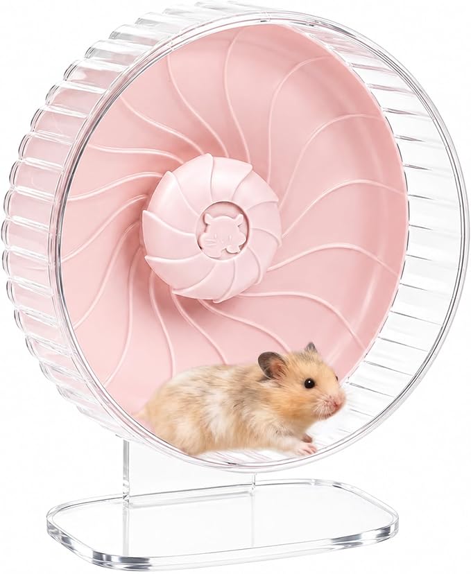 Silent Hamster Wheel, 8in Hamster Wheel with Adjustable Stand, Double-Bearing Quiet Spinner for Syrian Hamsters, Hedgehogs, Mice & Small Pets, Pink