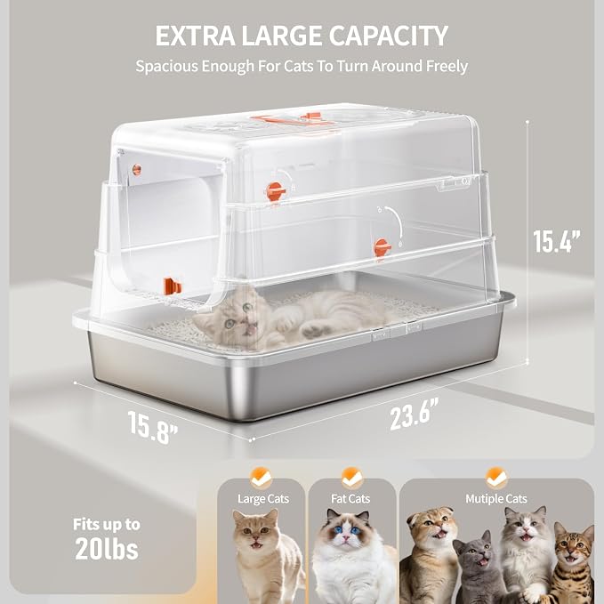 Stainless Steel Cat Litter Box with Lid, Enclosed Extra Large Metal Litter Pan for Big Cats, Full Flip Cover High Sided LitterBox Include Scoop, Easy Cleaning, Non-Stick, White