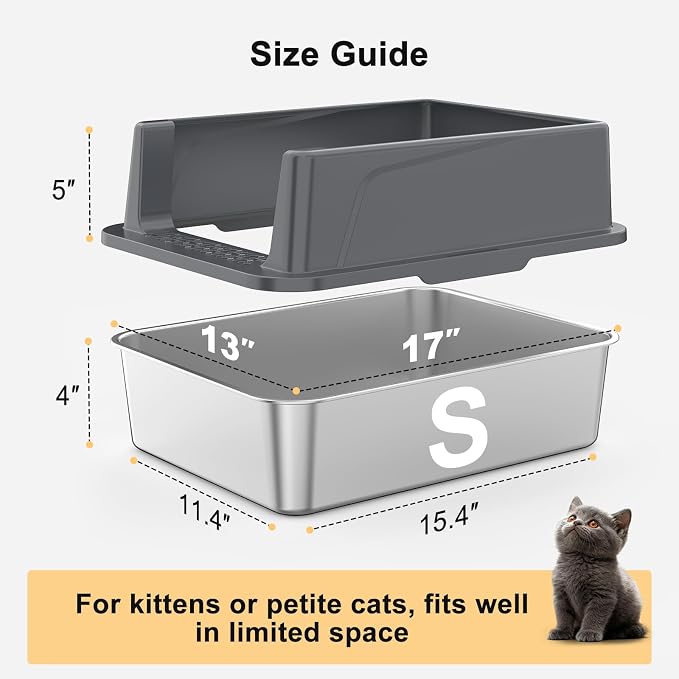 FURTIME Stainless Steel Cat Litter Box, Easy-Clean High-Sided Metal Litter Box, Open-Top Litter Pan for Small Cats, Includes Scoop & Mat, Non-Stick, Anti-Leakage, 17"×13"×8.4"