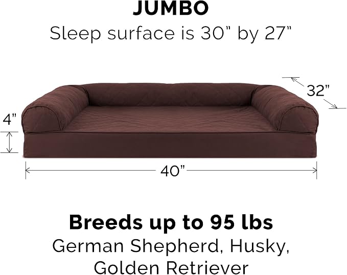 Furhaven Cooling Gel Dog Bed for Large Dogs w/ Removable Bolsters & Washable Cover, For Dogs Up to 95 lbs - Quilted Sofa - Coffee, Jumbo/XL