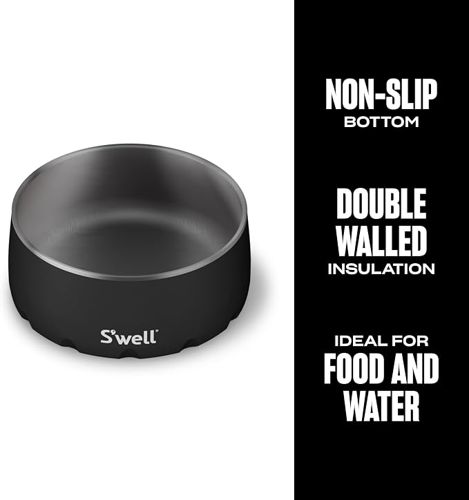 S'well Stainless Steel Pet Bowl, 16oz, Onyx, for Small to Medium Size Dogs, Mess Free Design with Non Slip Rubber Bottom, Dishwasher Safe, BPA Free