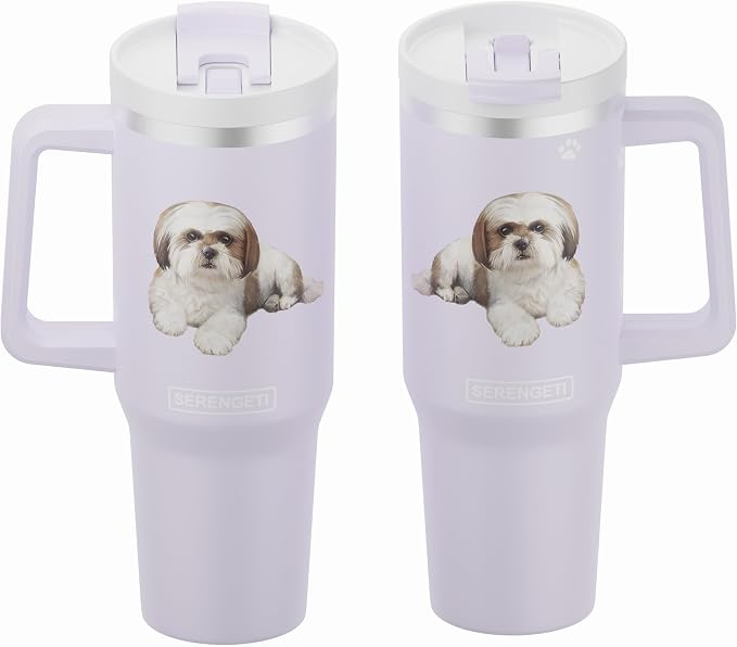SERENGETI 40 Oz Ultimate Tumbler with Handle and Straw - Vacuum Insulated Tumbler with Straw and Lid - Stainless Steel Travel Mug for Pet Lovers - 3D Designs of your favorite Dog (Shih Tzu Tan)