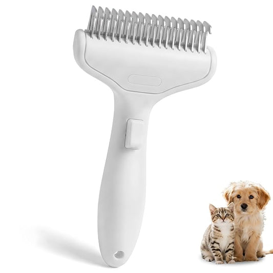 Dog Brush and Cat Deshedding Rake, Pet Grooming Tool for Shedding with Rounded Stainless Steel Teeth, Comfortable Grip for Long or Thick Coats (Style 2 White)