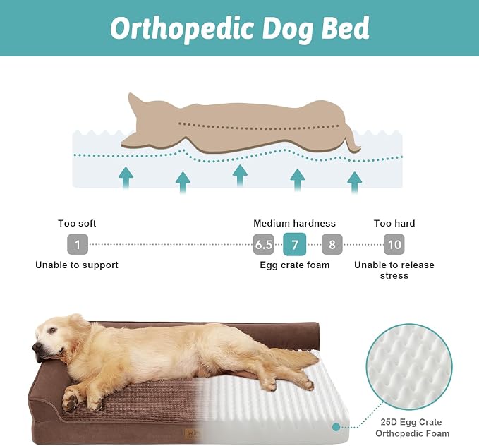 COZY KISS Orthopedic Dog Bed for Extra Large, XXL Dogs Bed, L Shaped Foam Anti-Slip Bottom Giant Pet Cat Sofa with Washable Cover, Suitable for Pet Up to 150 lbs, 48x35x8 inch, Brown ﻿