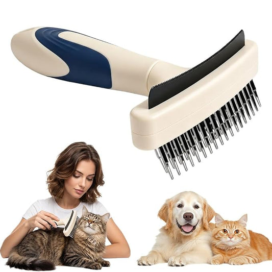 2026 Newly Upgraded 2-in-1 Dual-Sided Pet Grooming Tool for Shedding, Deshedding & Dematting Comb with Movable Stainless Steel Teeth and Curved Blade, Ideal for Cat & Dog Owners