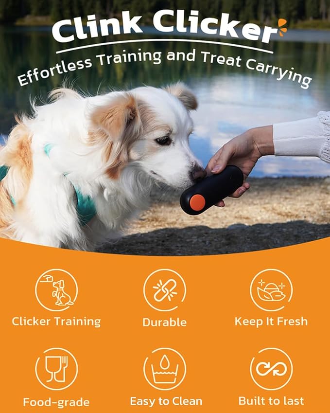 Clink Design 2-in-1 Puppy Essentials, Dog Training Clicker & Treat Carrier, Durable Food-Grade ABS, Treat Carrier with Desiccant Compartment, Compact & Lightweight Dog Stuff for Dogs - Black & Orange