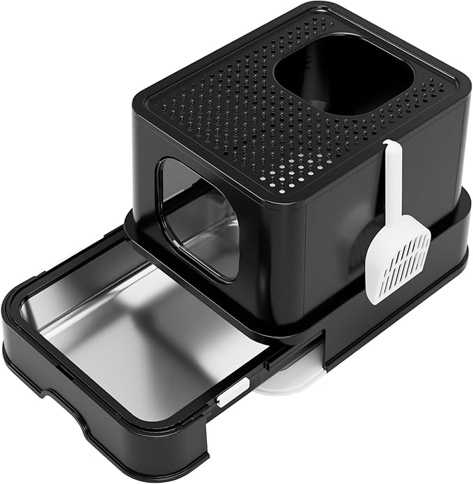RIZZARI Stainless Steel Cat Box: All Black Covered Design with High Sides to Prevent Leaks - Easy-Clean Drawer & Non-Stick Coating for Odor Control - Dual Entry with Top Exit - Bathroom Garage