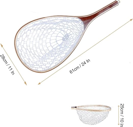 Wooden Frame Fly Fishing Net with Soft Rubber Mesh，Low-Weight Landing Net for Trout & Bass， Catch-and-Release Design for Stream and River Fly Fishing