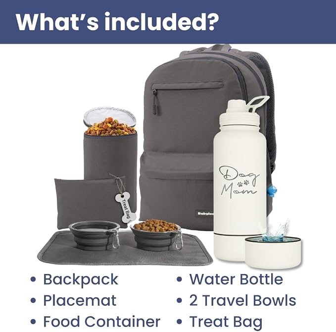 Rubyloo The Original Doggy Bag Backpack (Dark Grey) & 32 oz Insulated Water Bottle with Attached 8 oz Bowl (Dog Mom) – Dog Travel Backpack & Hydration Set