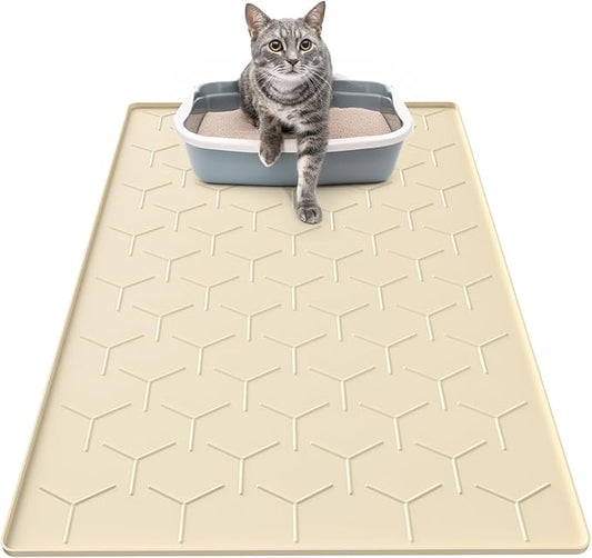 Garoopion Silicone Cat Litter Trapping Mat, Large Waterproof 34" X 22" Cat Litter Box Mat, Easy to Clean, Beige