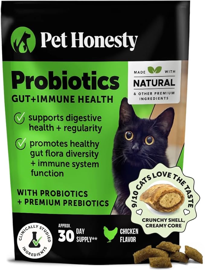 Cat Probiotics Crunchy Creamy Chews for Digestive Health - Cat Constipation + Occasional Diarrhea Relief - Daily Probiotics for Cats with Prebiotics Fiber Gut Flora Sensitive Stomach (30-Day Supply)
