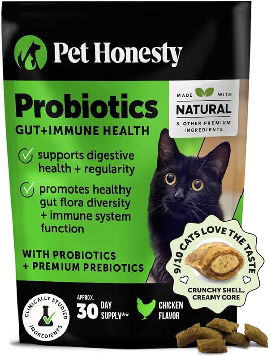 Cat Probiotics Crunchy Creamy Chews for Digestive Health - Cat Constipation + Occasional Diarrhea Relief - Daily Probiotics for Cats with Prebiotics Fiber Gut Flora Sensitive Stomach (30-Day Supply)