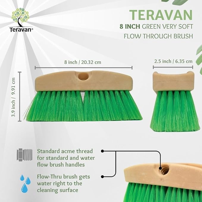 Teravan Green Flow Through Brush Head, 8-Inch Extra Soft Bristle Brush for Gentle Car Wash, RV, Boat, Window & Floor Cleaning, Compatible with Pole Handle