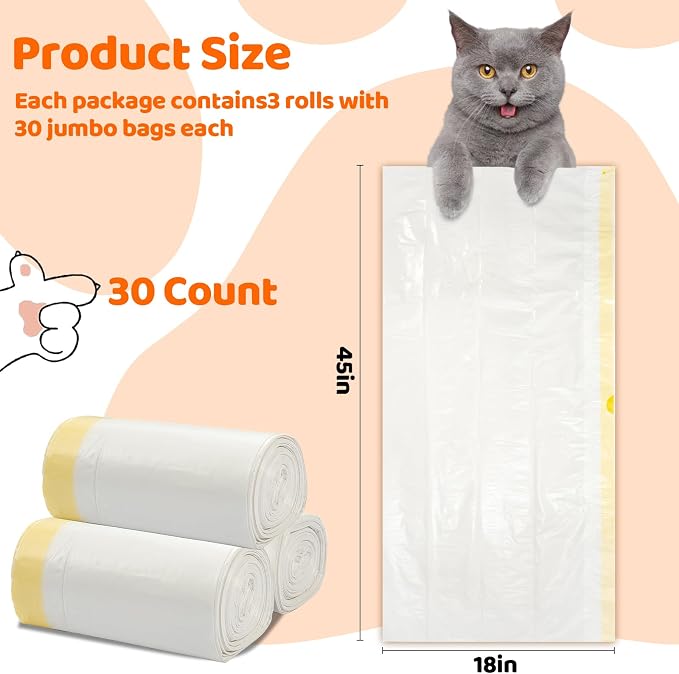30 Count Litter Box Liners Jumbo 45" x 18" Tear Resistant Cat Litter Bags Liners 2.5MIL Thicken Drawstring Durable Cat Pan Liners Extra Large Kitty Litter Box Bag Disposable Pet litter Bags