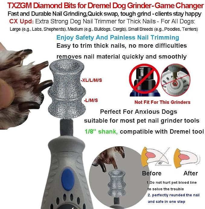 Diamond Dog Nail Grinder Bit Compatible with Dremel 7760 7350 & More, 1/8'' Stress-Free Replacement Head Attachment, Ideal for Medium, Large & Extra Large Dogs, Thick Nail Grooming, 2-Pack | 1/8" Diamond Bit, Safe Nail Trimming, Smooth for Thick Nails