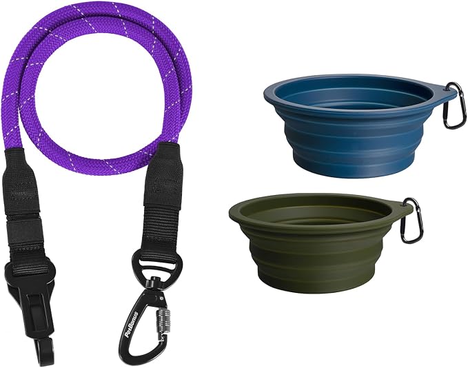 PetBonus Dog Seat Belt for Car and 2-Pack Silicone Collapsible Dog Bowls