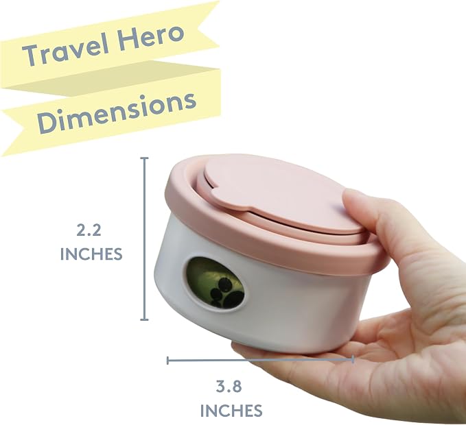 Travel Hero 3-in-1 Portable Pet Food Container for Puppies and Small Breeds, Comes with a Silicone Water Bowl and Poop Bag Dispenser in One, Glacier