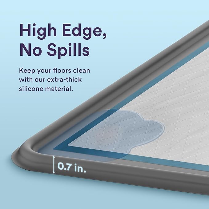 Dog Training Pad Silicone Tray - 35 x 28 in. No Spill Raised Lip High Edge Mat Holder, Extra Thick and Non-Slip for Indoor Floor Protection, Universal Fit Potty Training Pads (XL, Gray) | eenk
