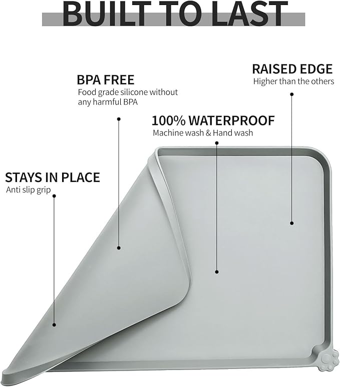 Reopet Silicone Pet Feeding Mat - Waterproof & Non-Slip Dog Cat Placemat | High Raised Edges Prevent Food & Water Spills to Protect Floors, Easy to Clean, Fit for Dog Cat Bowls